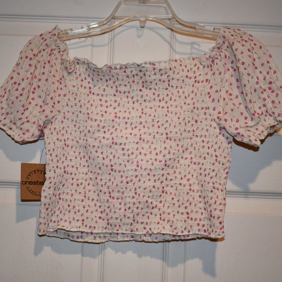 One Step Up Women's Beige Floral Smocked Off the Shoulder Peasant Blouse Size L - Picture 3 of 3